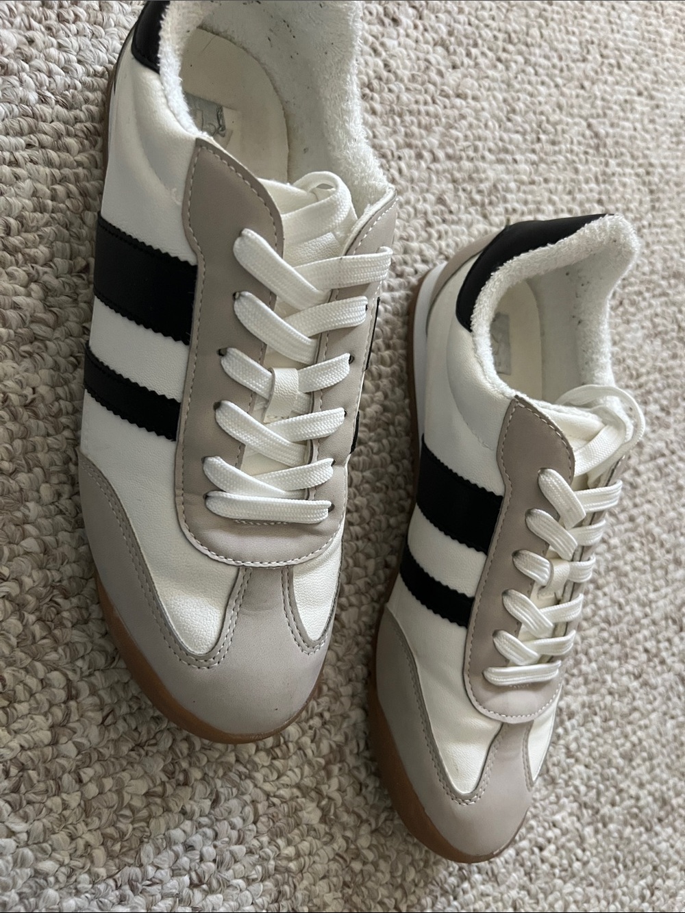 Dolce Vita White Sneakers with Black Stripe & Taupe Accents
